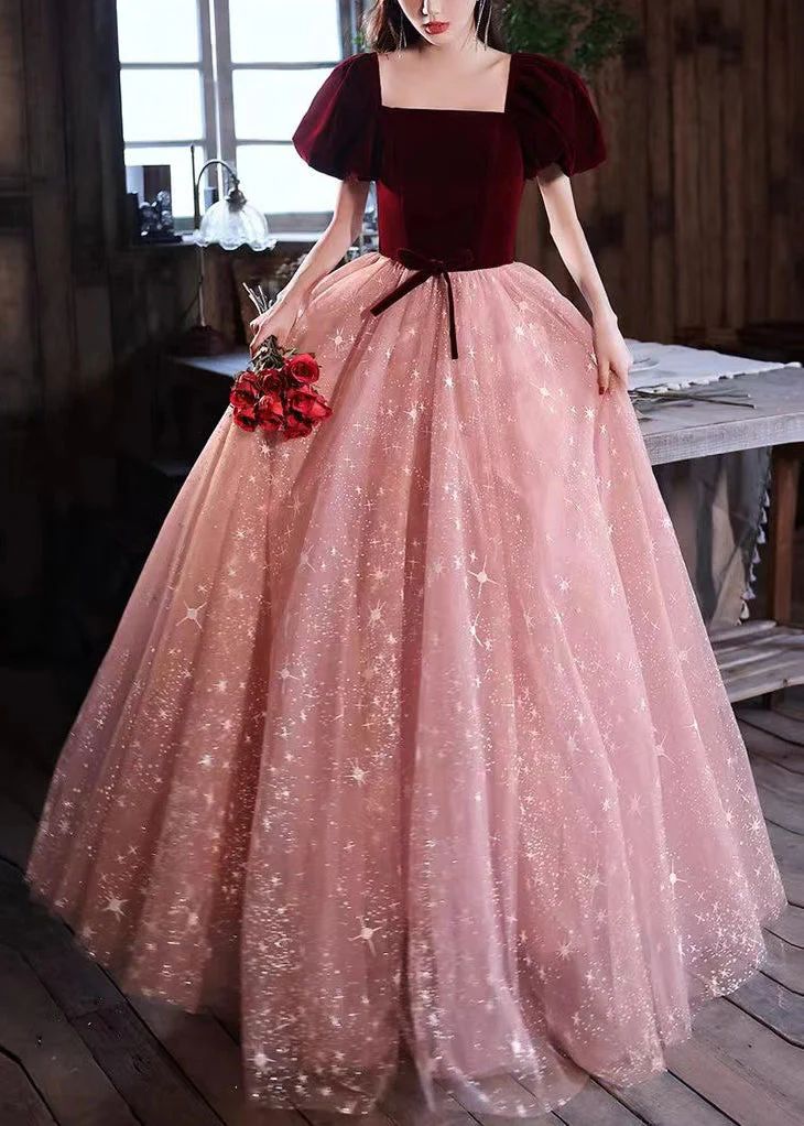 princess dresses_French Wine Red Square Collar Patchwork Silk Maxi Dress Summer