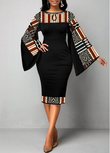 traditional dresses_African Fashion Dress African Tribal Print Patchwork Black Bodycon Dress
