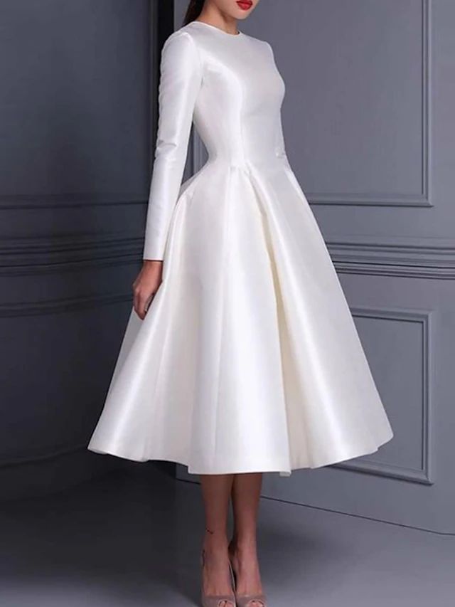 elegant dresses_Ball Gown Tea Length Cocktail Dresses Party Dresses Cute Little White Dresses Long Sleeve Jewel Neck Wedding Fall Wedding Guest Satin with Pleats Pure Color 2025 - $129.99