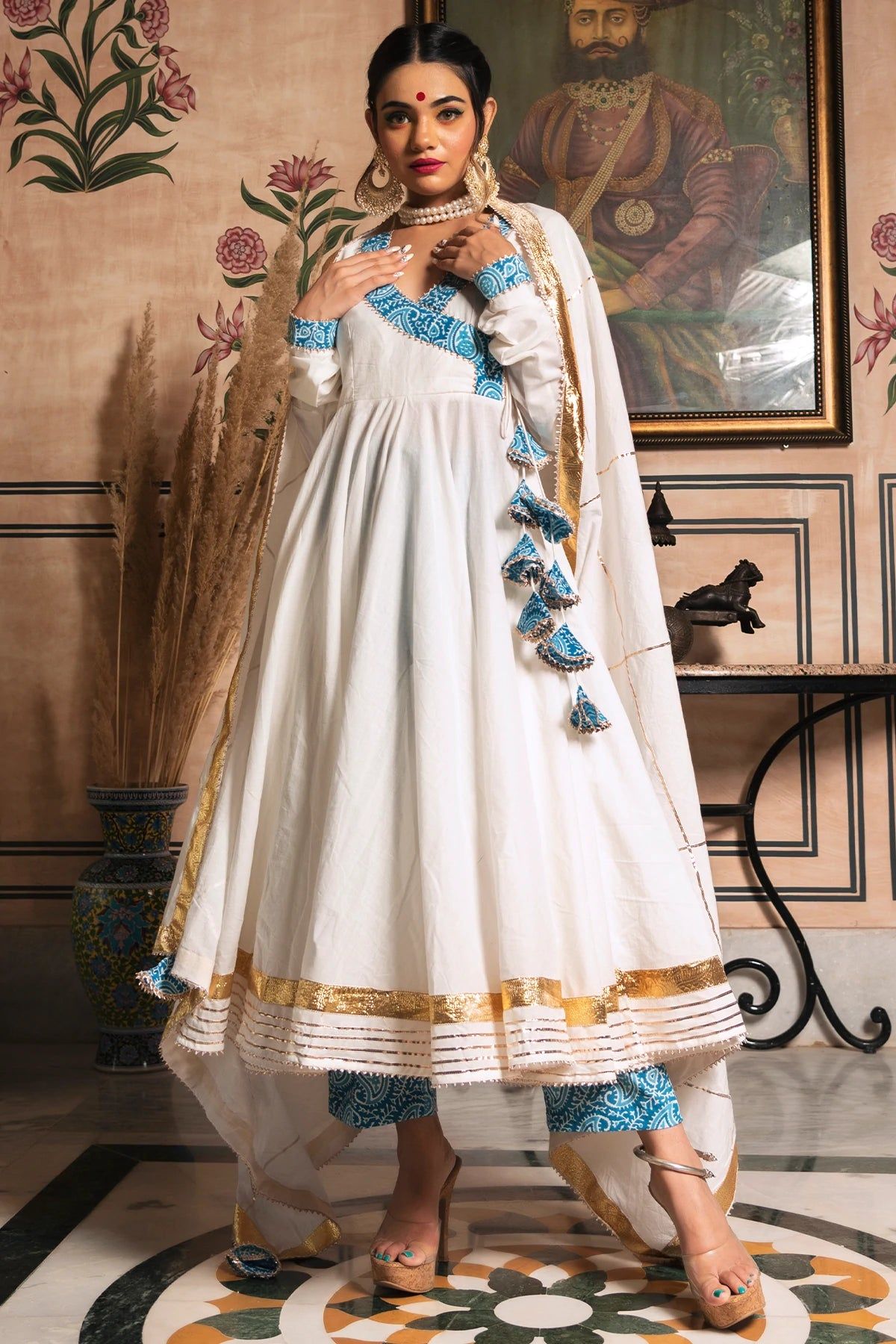 traditional dresses_White Cotton Angrakha Anarkali Suit Set - 32 / Ships in 2-3 Weeks