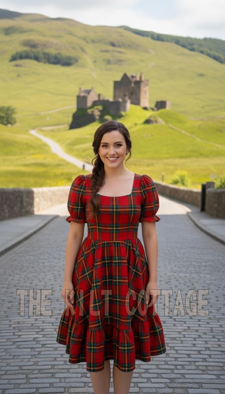 traditional dresses_Scottish Tartan Plaid Cottagecore Midi Dress - Puff Sleeve Highland Style Frock - Scottish Inspired Vintage Fit Flare - Elegant Women outfit