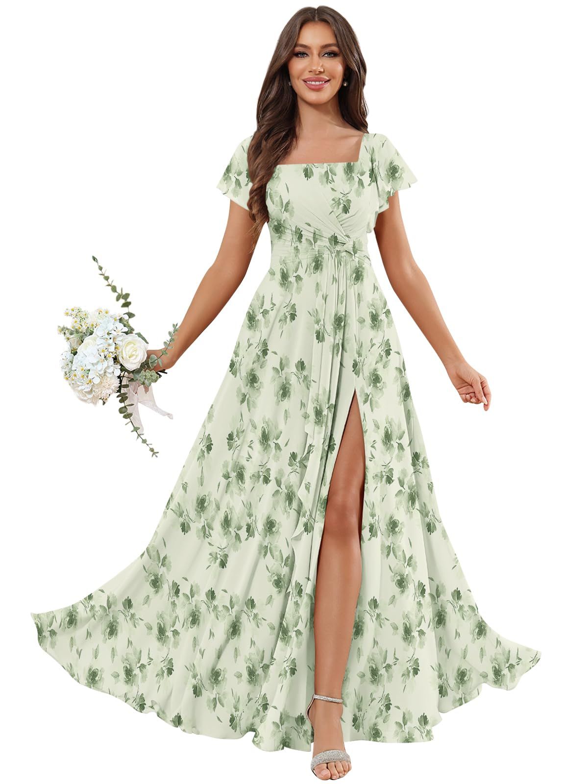 traditional dresses_AIHKO Square Neck Chiffon Bridesmaid Dresses for Women with Slit A-line Flutter Sleeve Formal Evening Dress