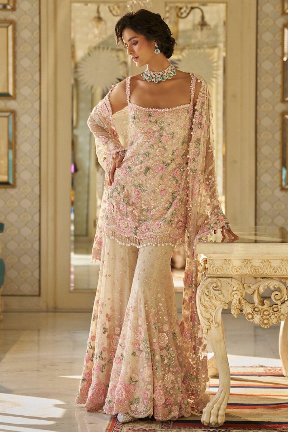 traditional dresses_Seema Gujral - Nude Multi-Coloured Three-Dimensional Sharara Set