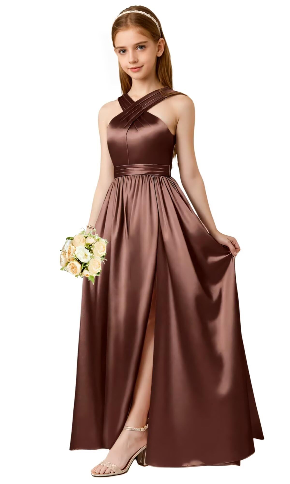 elegant dresses_Halter Junior Bridesmaid Dresses for Teen Girls Satin Flower Girl Dresses for Wedding A Line jr Bridesmaid Dresses