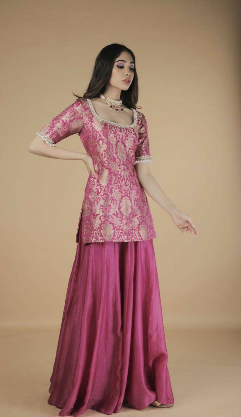 traditional dresses_Embroidered Kurti With Sharara: Rani Pink Indo Western Dress - Etsy