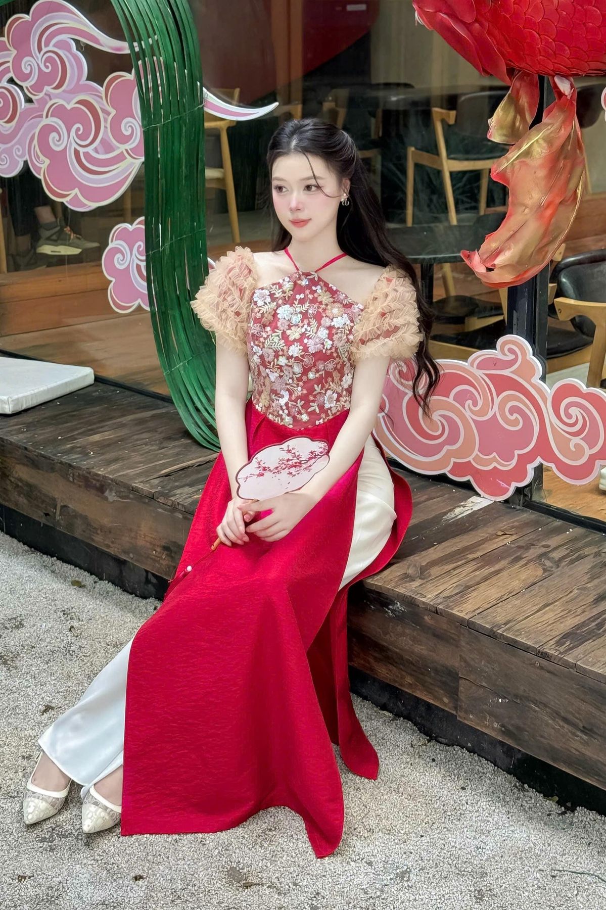 traditional dresses_Special Designed red 3D Floral Vietnamese dress Ao Dai  -included pants