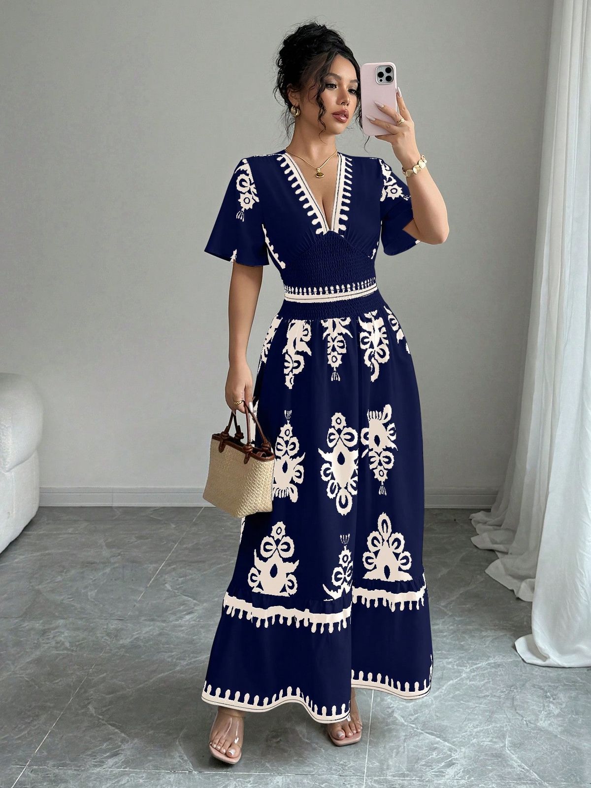 traditional dresses_Apricot Short Sleeve Shirred Waist Belted Floral Long Dress For Women