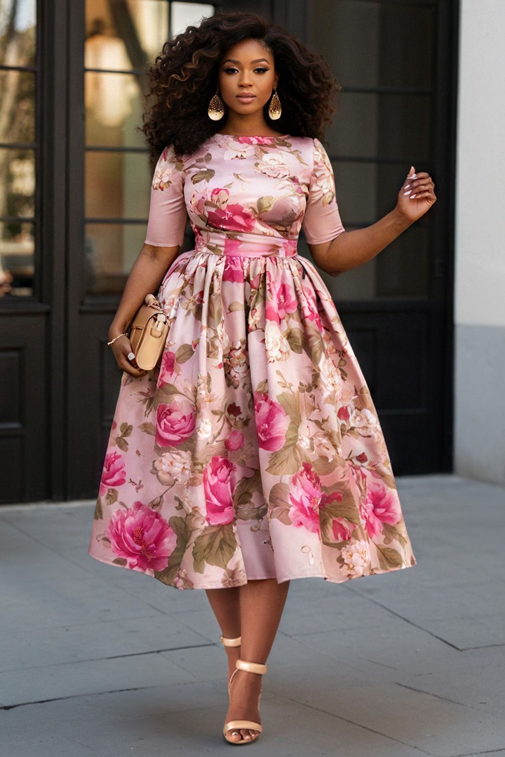 traditional dresses_Xpluswear Design Plus Size Wedding Guest Pink Elegant Floral Round Neck Short Sleeve Pocket Satin Midi Dresses Pink-XL/14-16