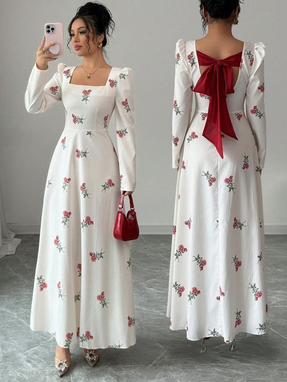 traditional dresses_Modelyn Woman's Printed Long Fitted Dress With Contrast Fabric Panel Fall Cloth For Women