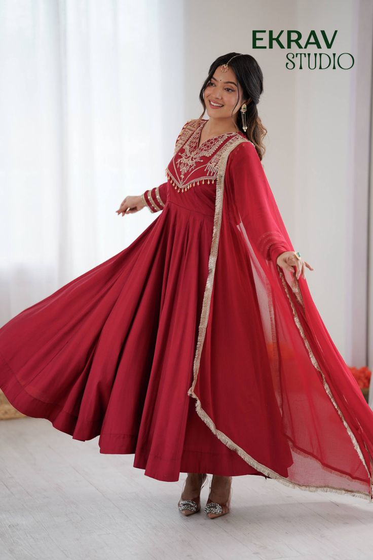 traditional dresses_Cherry Red Roman Silk Anarkali Gown Set | Heavy Coding Work
