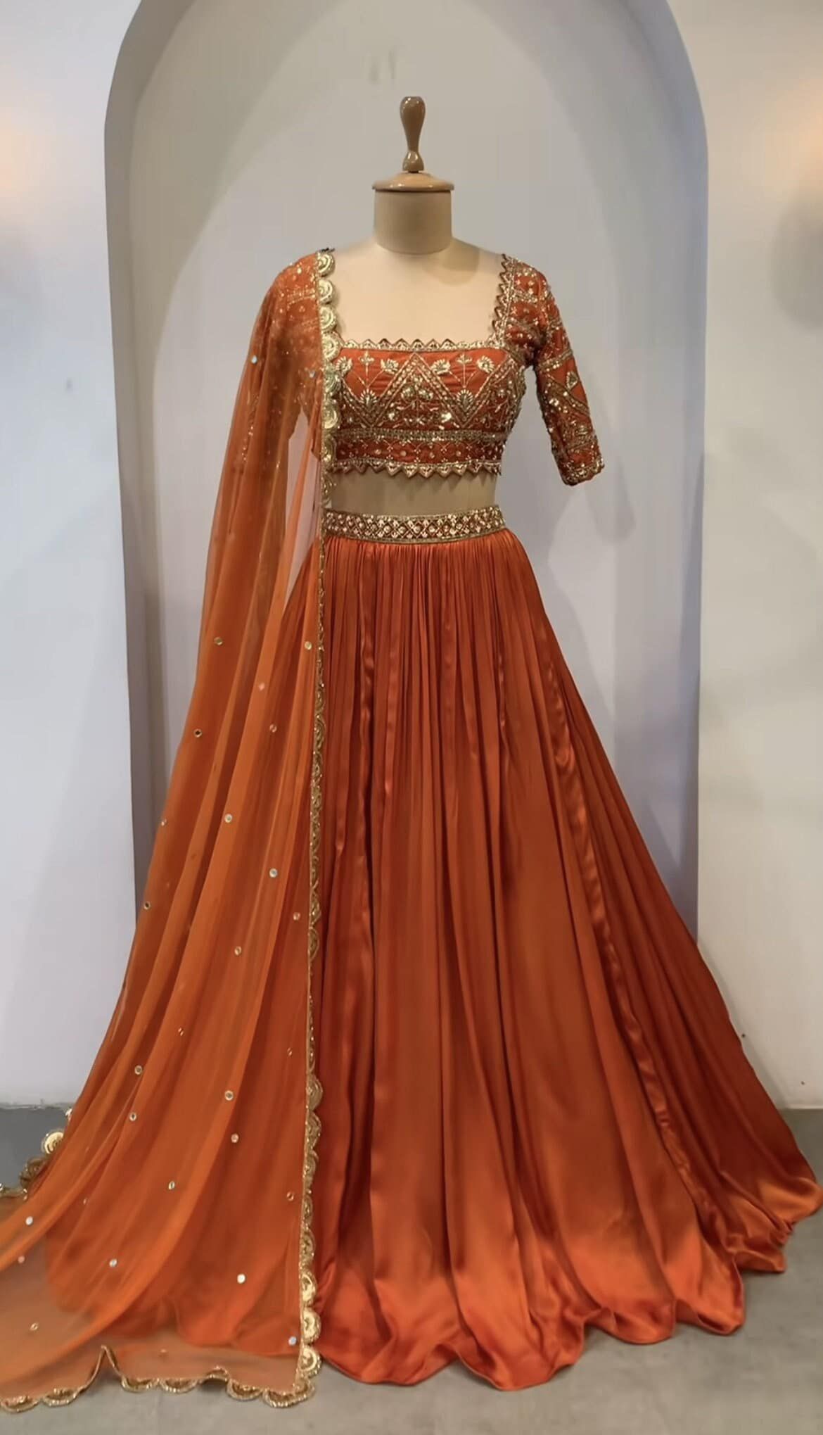 traditional dresses_Rust Lehenga Choli with Dupatta: Indian Bridal Party Wear