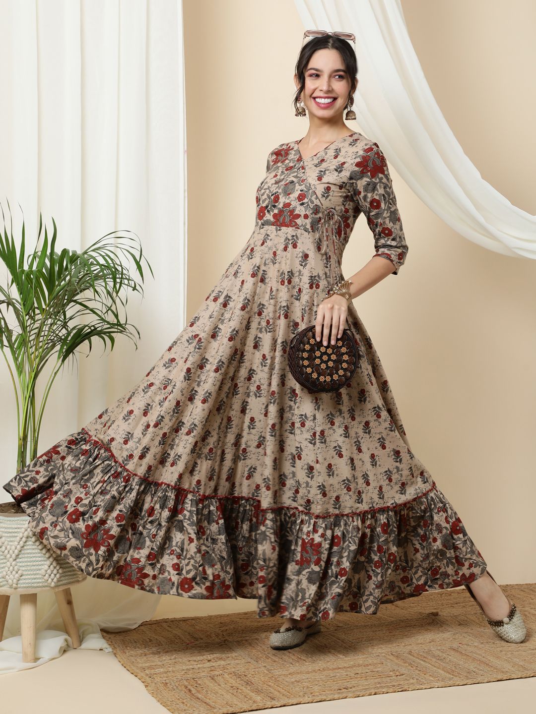 traditional dresses_Light Brown Cotton Long Anarkali Kurta with Multicolor Floral Print - Kurtas-and-kurtis