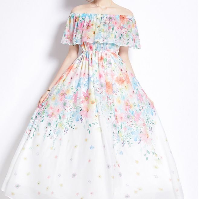 traditional dresses_Zingj Shoulder Lotus Leaf-Side Dress Women's Dress 2025 Summer New Waist-Skinny Temperament Super Fairy Crumped Flower Vacation Dress White-XL