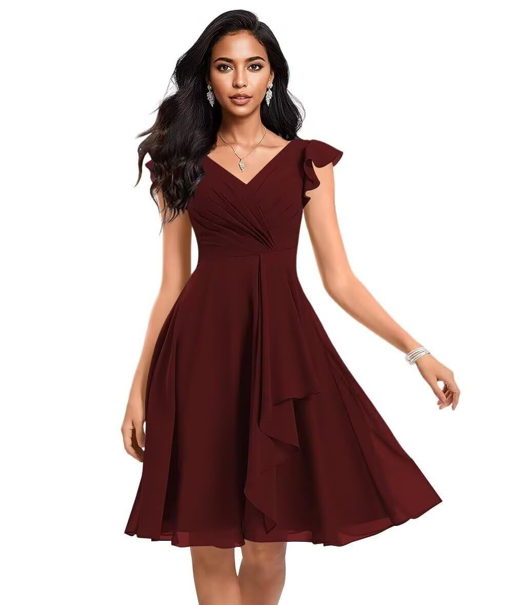 elegant dresses_Fashionbride Short Chiffon Bridesmaid Dresses for Women V Neck Ruffles A Line Pleated Formal Evening Gowns AP49