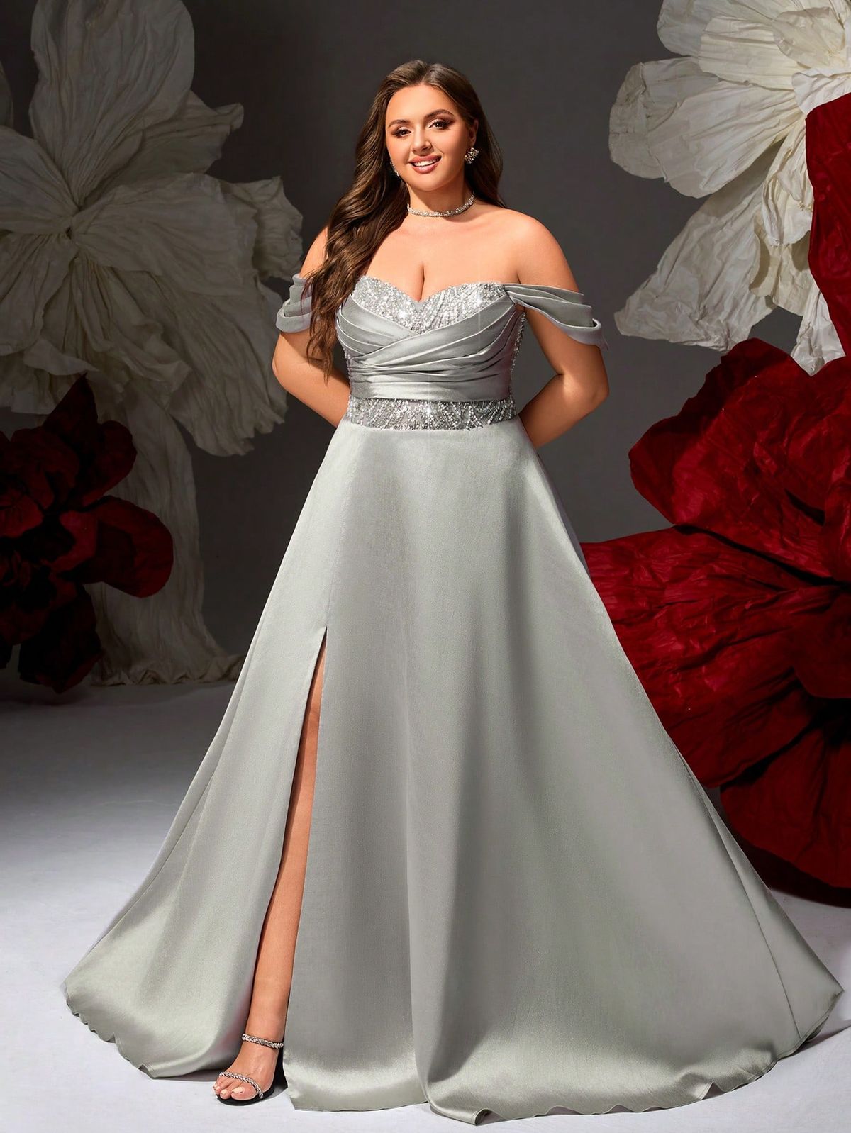 elegant dresses_New Elegant Plus Size Women Formal Luxury Evening Gown Dress With Silver Chest Ruched Design
