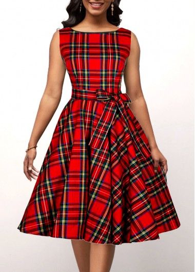 traditional dresses_Plaid Sleeveless Round Neck Belted Red Dress