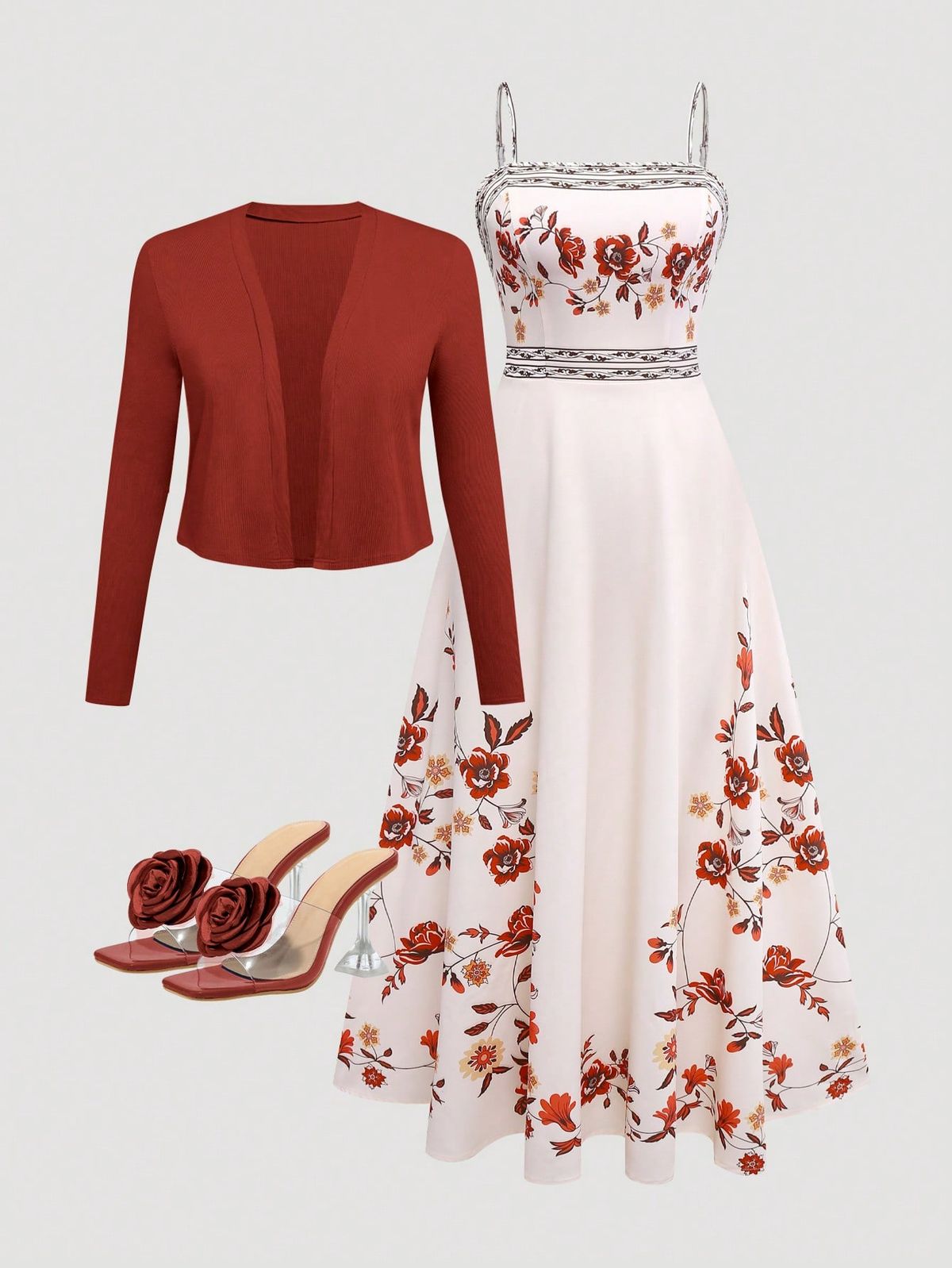 traditional dresses_Women's Elegant Floral Print Waist Flared Dress With Knit Cardigan Set, Valentine's Day Outfit, Date Night 2-Piece Set