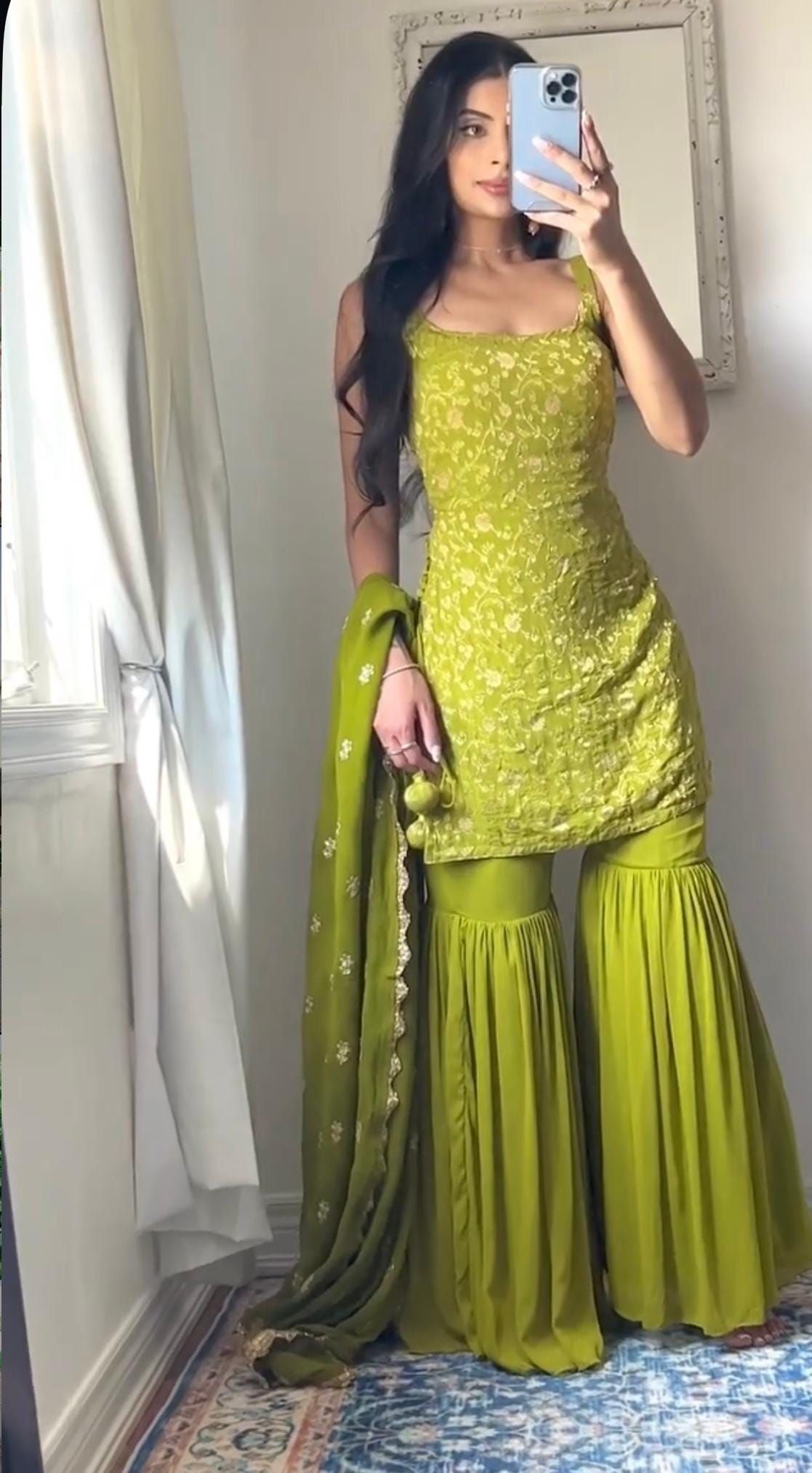 traditional dresses_Parrot Green Sharara Suit: Pakistani Georgette Dress, Haldi Outfit