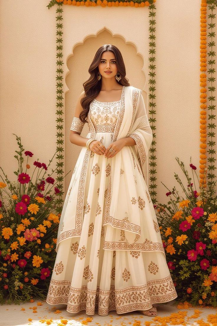 traditional dresses_Ethereal Elegance: Ivory Anarkali Gown with Gold Print