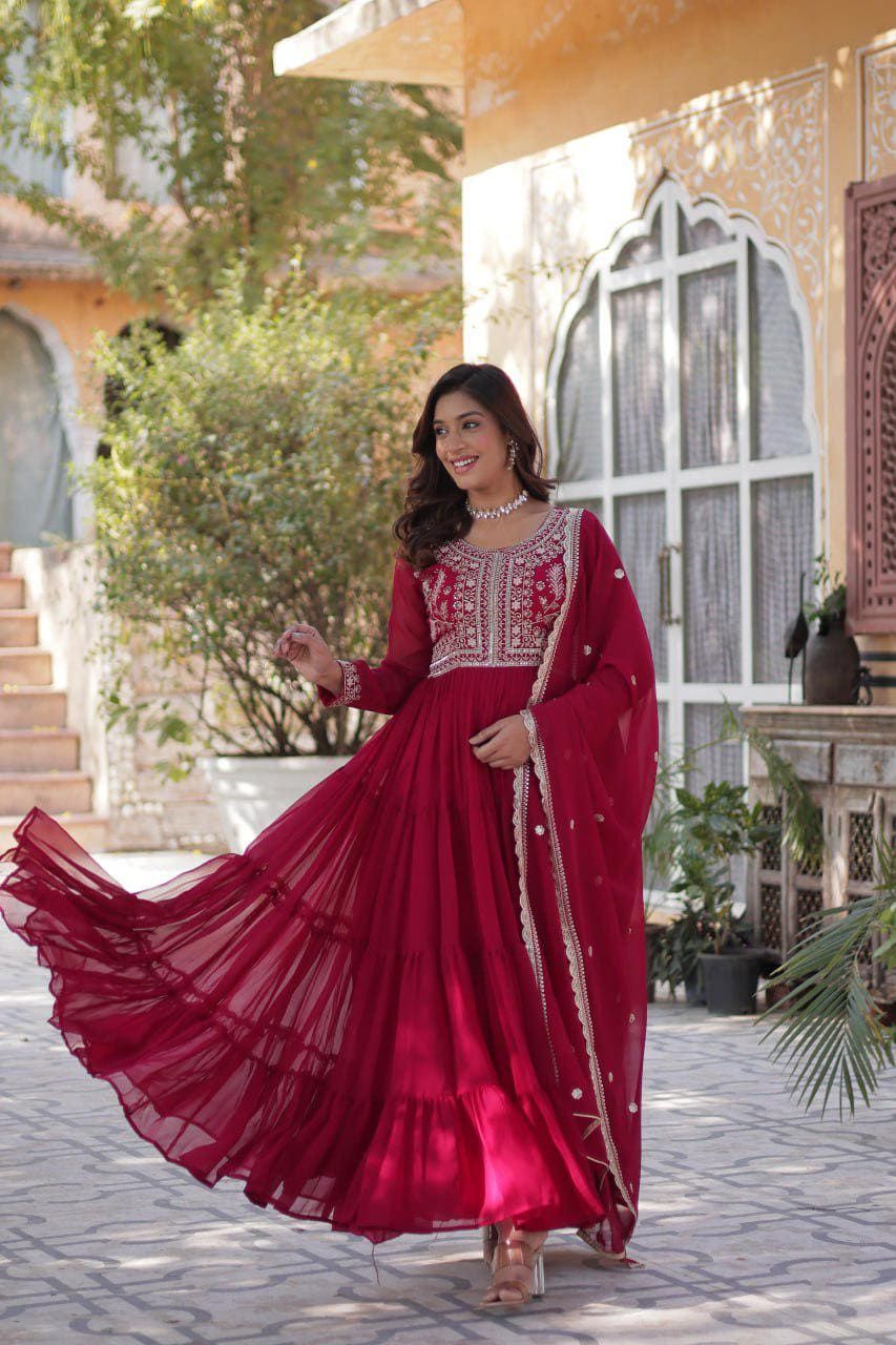 traditional dresses_Embroidered Georgette Gown Set, Pakistani Dress with Dupatta