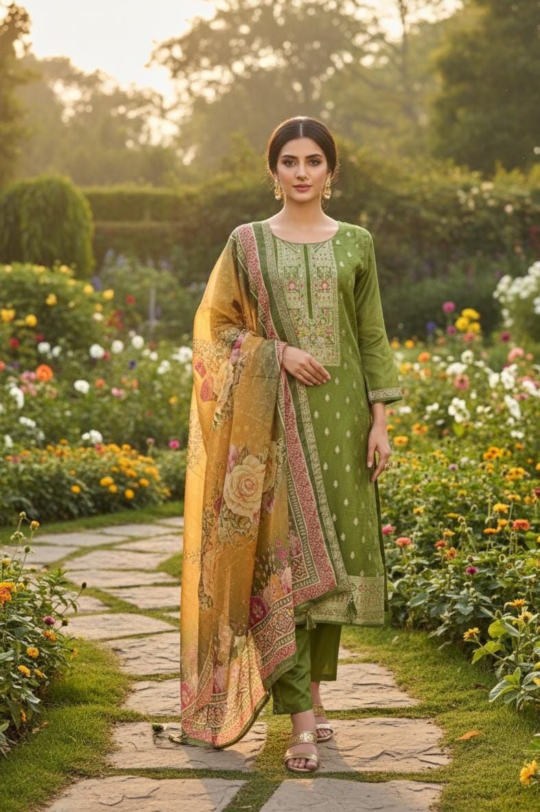 traditional dresses_Indian Party Wear For Women - Green Embroidered Straight Kurta With Trousers & Dupatta - Pakistan Salwar Suit - Mehendi Party Kurta Set