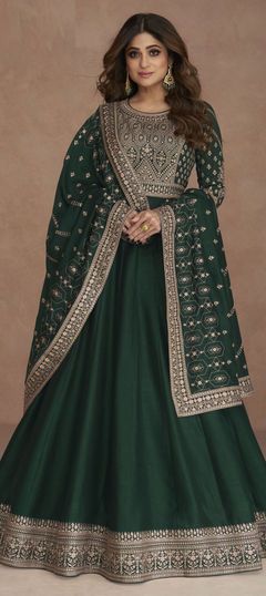 traditional dresses_Designer, Reception Green color Art Silk fabric Gown : 1858365