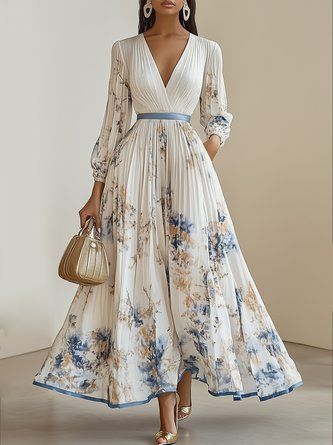traditional dresses_White Pleated Floral Chiffon V Neck Long Sleeve Balloon Sleeve A-Line Maxi Formal Dress