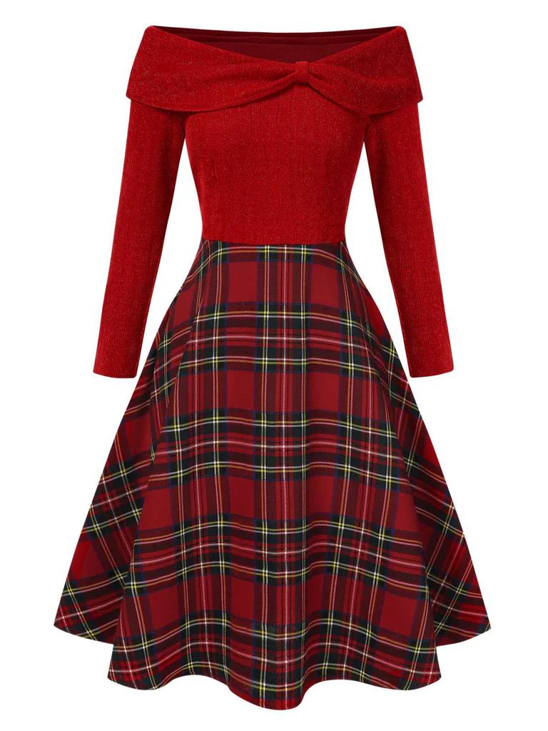 elegant dresses_Green 1950s Christmas Off Shoulder Tartan Dress