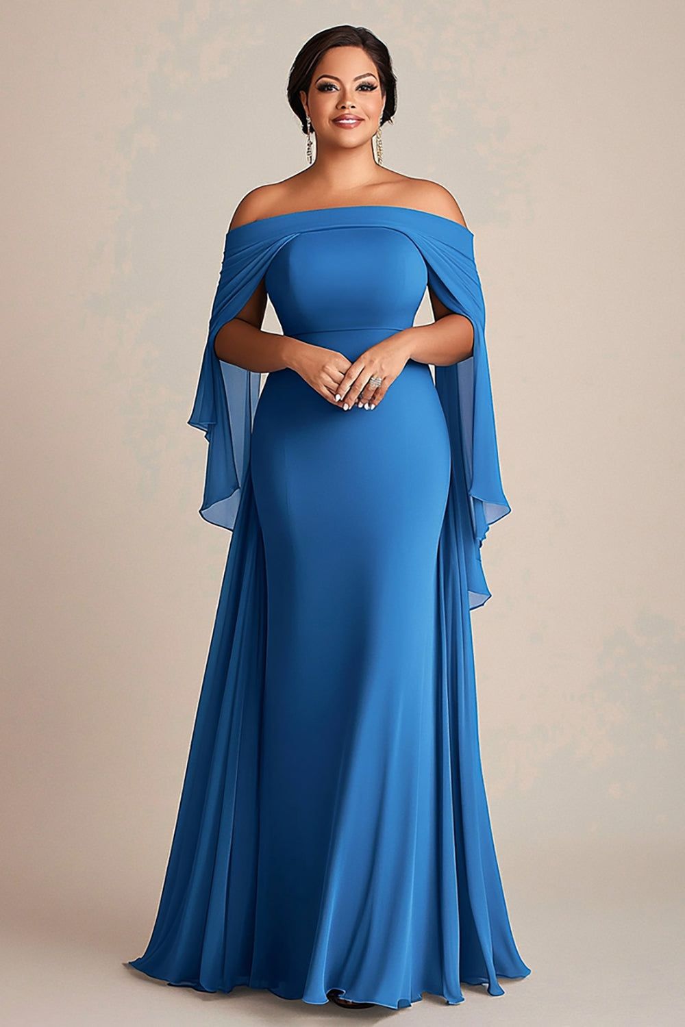 elegant dresses_Off The Shoulder Blue Sheath Chiffon Plus Size Mother of the Bride Dress