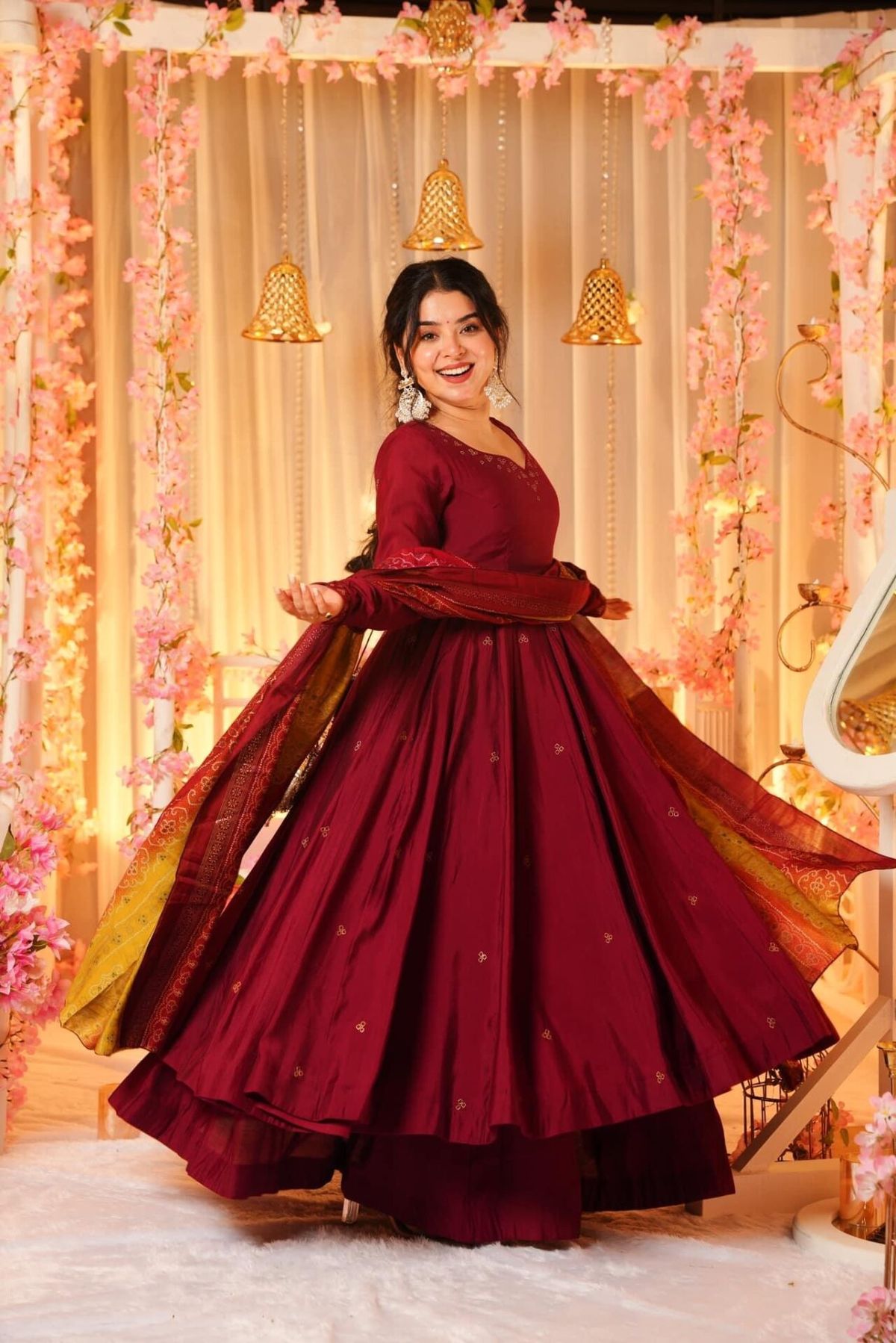 traditional dresses_MAROON SILK EMBROIDERY  PARTY WEAR SUIT SET  - Anarkali-salwar-kameez