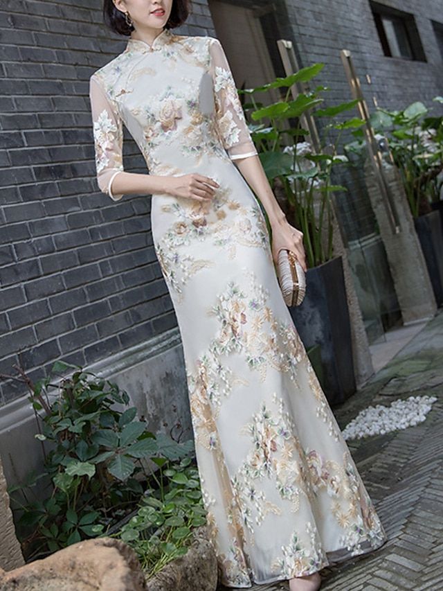 traditional dresses_Sheath Evening Gown Vintage Dress Wedding Guest Formal Evening Floor Length Half Sleeve High Neck Satin with Embroidery  dress to impress 2025 - $89.99