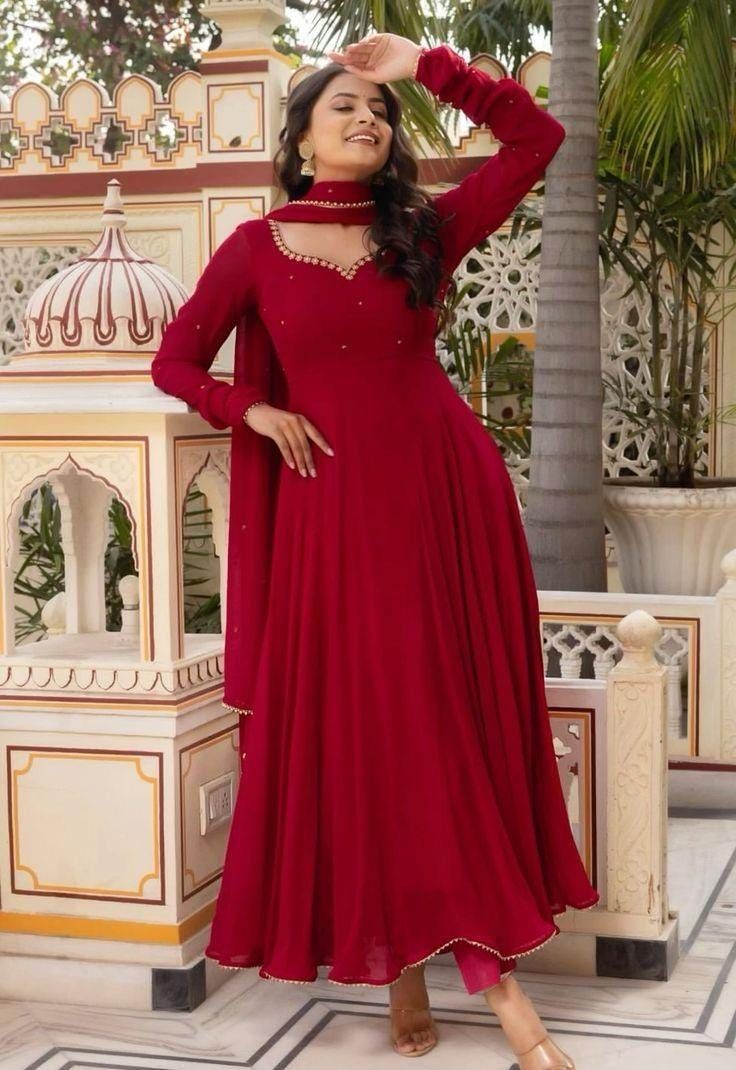 traditional dresses_Elegant Maroon Anarkali Dress for Women | Indian Ethnic Gown Wedding Guest Outfit Flowy Long Dress with Dupatta Bollywood Style Salwar SuiT