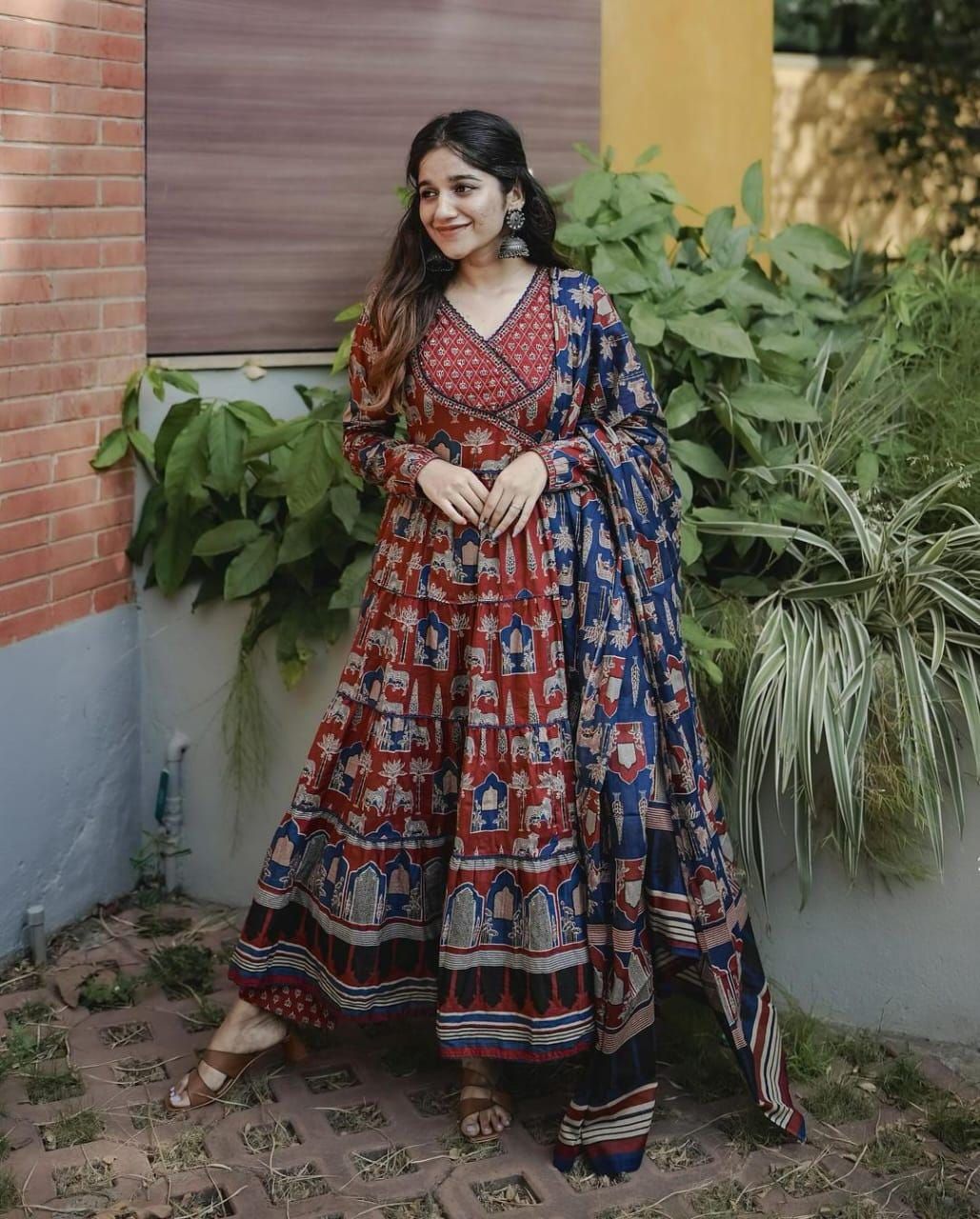 traditional dresses_Handblock Printed Cotton Anarkali Dress with Dupatta - Ethnic Flared Indian Long Gown for Women - Madhuri Thakkar Design