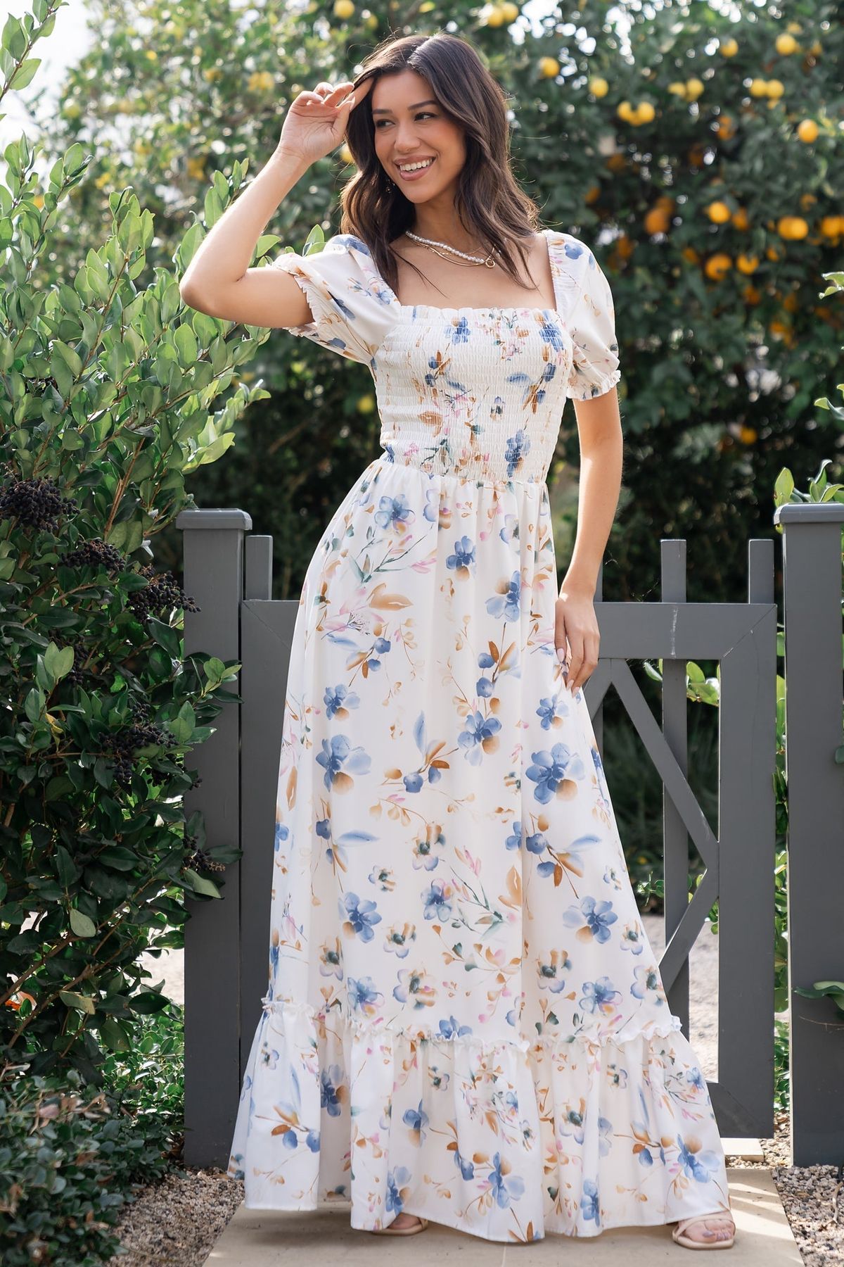 traditional dresses_Baltic Born Womens Capri Smocked Maxi Dress | White Multi Print | Size: Large