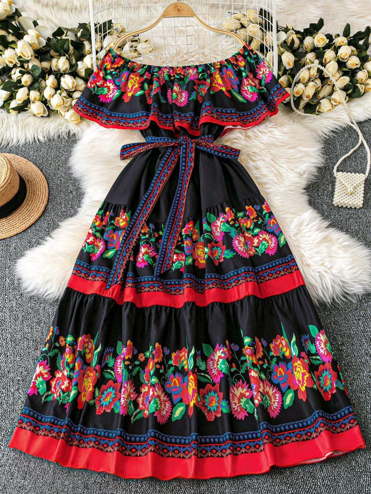 traditional dresses_Plus Size Women's Holiday Print Off Shoulder Maxi Dress