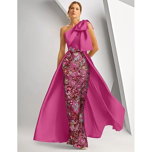 elegant dresses_A-Line Floor Length Evening Gown Ball Gown with Overskirt Formal Dress Elegant Vintage Glittering Sleeveless One Shoulder Wedding Formal Satin with Bow(s) Slit Embroidery