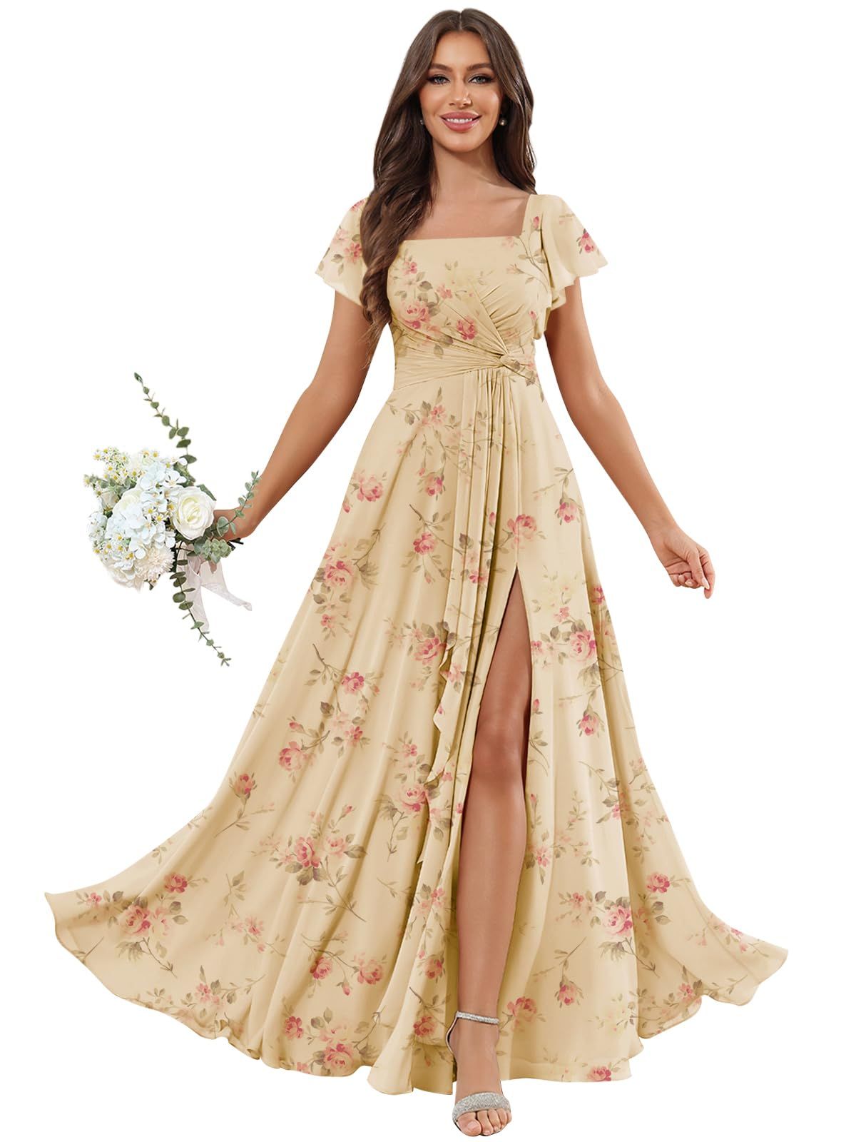 traditional dresses_AIHKO Square Neck Chiffon Bridesmaid Dresses for Women with Slit A-line Flutter Sleeve Formal Evening Dress