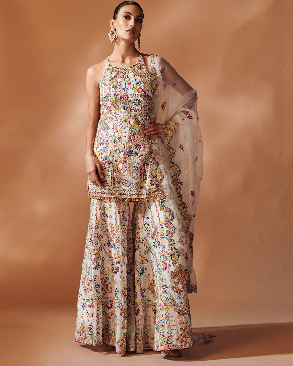 traditional dresses_Azra Ivory Sharara And Halter Kurta Set - M / 42