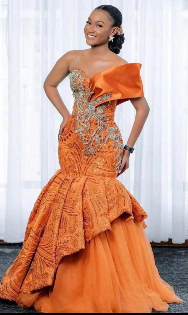 traditional dresses_Orange sleeveless, Aso Ebi Lace Mermaid, Prom Gown, floor length Dress, Nigerian fashion, dinner gown, wedding dress, off shoulder gown