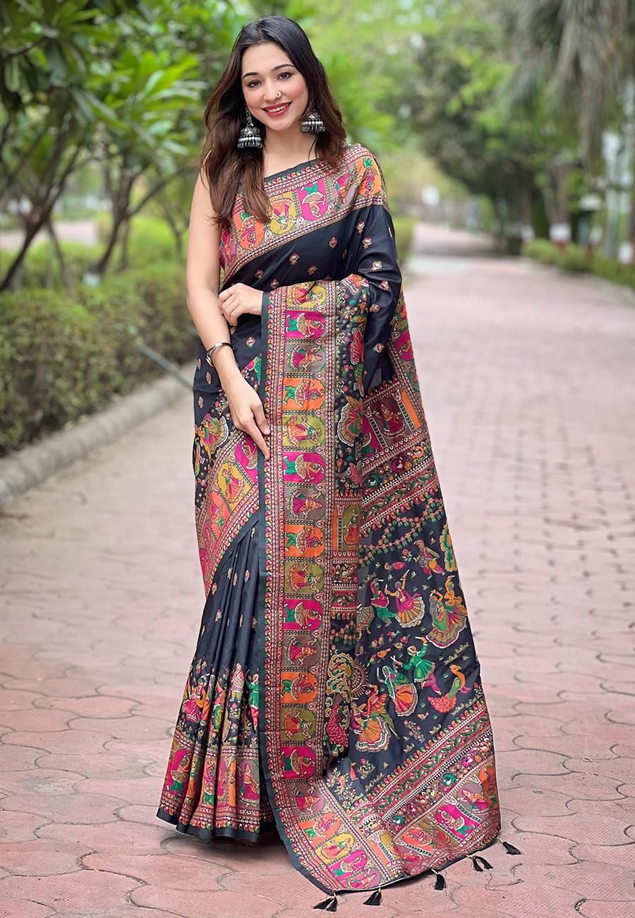 traditional dresses_Pashmina Silk Saree: Kashmiri Meenakari Weave & Zari Work