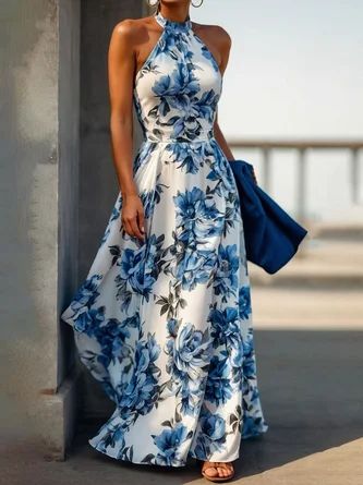 traditional dresses_StyleWe Women Vacation Maxi Dress Mid Waist X-Line Halter Summer For Vacation