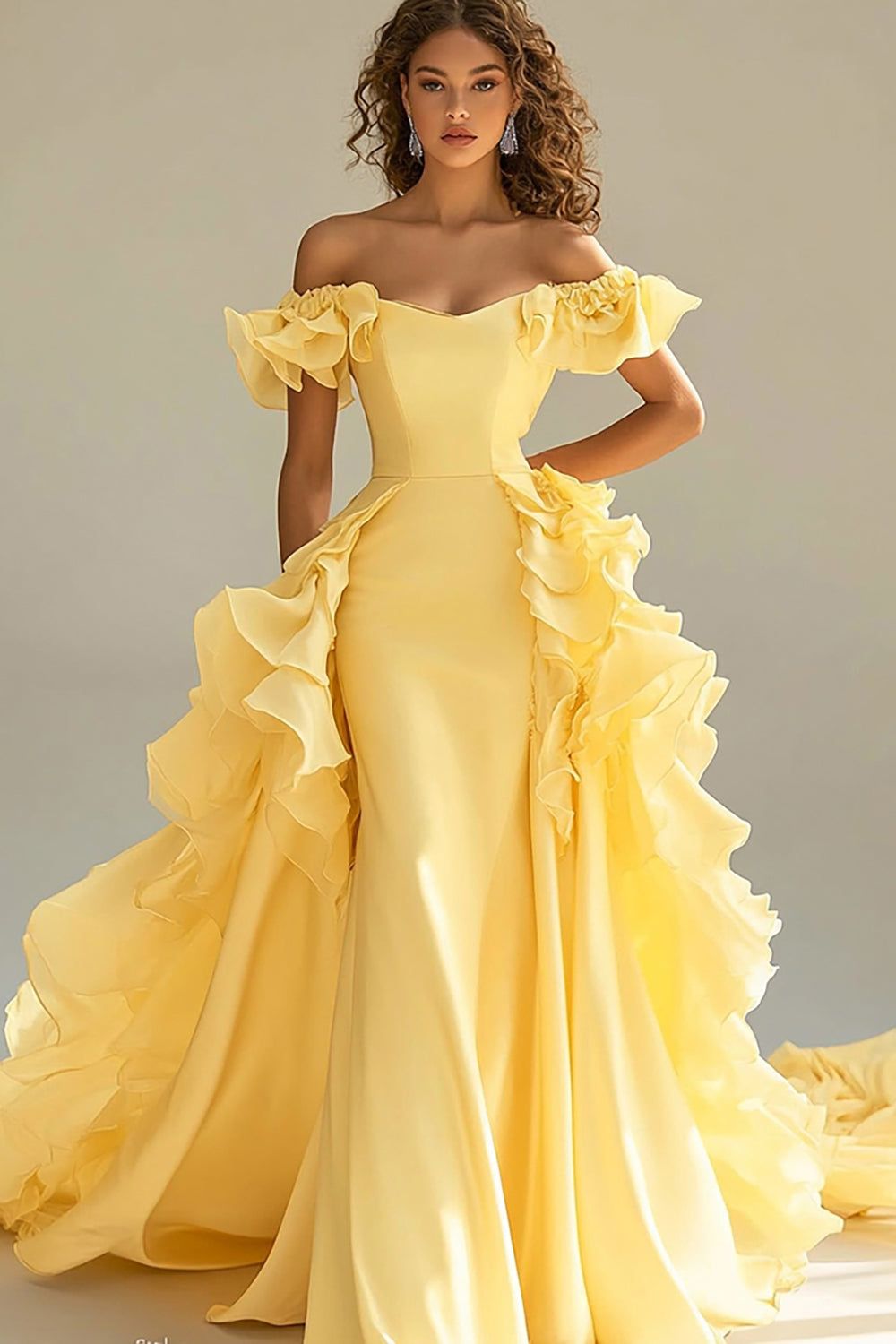 elegant dresses_Yellow Off The Shoulder Mermaid Ruffles Satin Prom Dress
