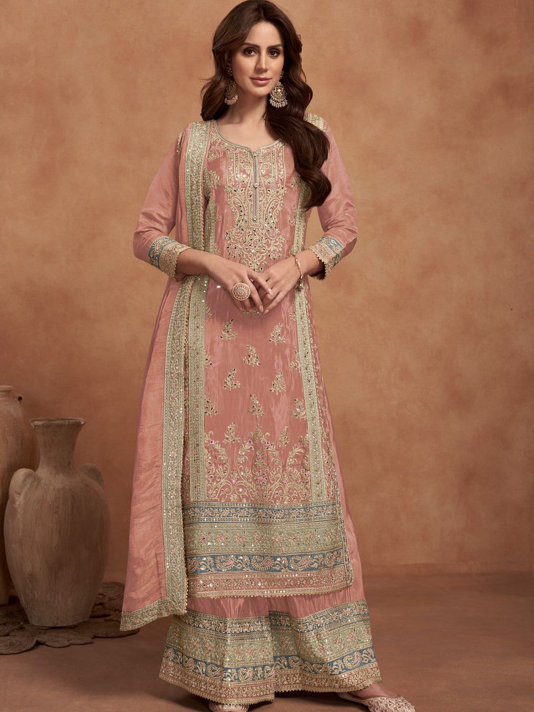 traditional dresses_Baby Pink Classy Designer Semi-Stitched Palazzo Suit With Embroidery Work