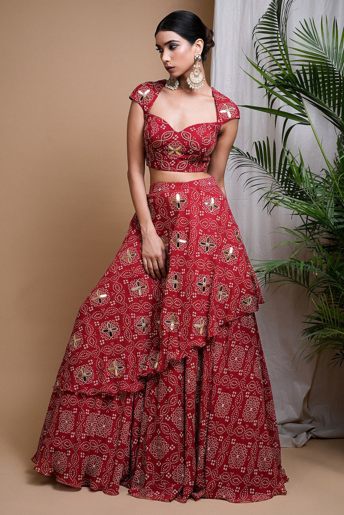 traditional dresses_Red Heavy Georgette Bandhani Printed & Mirror Embroidered Lehenga Set by AHI CLOTHING at Pernia's Pop Up Shop 2025