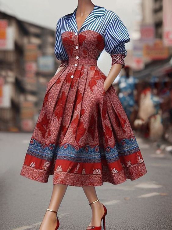 traditional dresses_StyleWe Women Elegant Midi Dress High Waist X-Line Shirt Collar Regular Sleeve Spring/Fall For Together