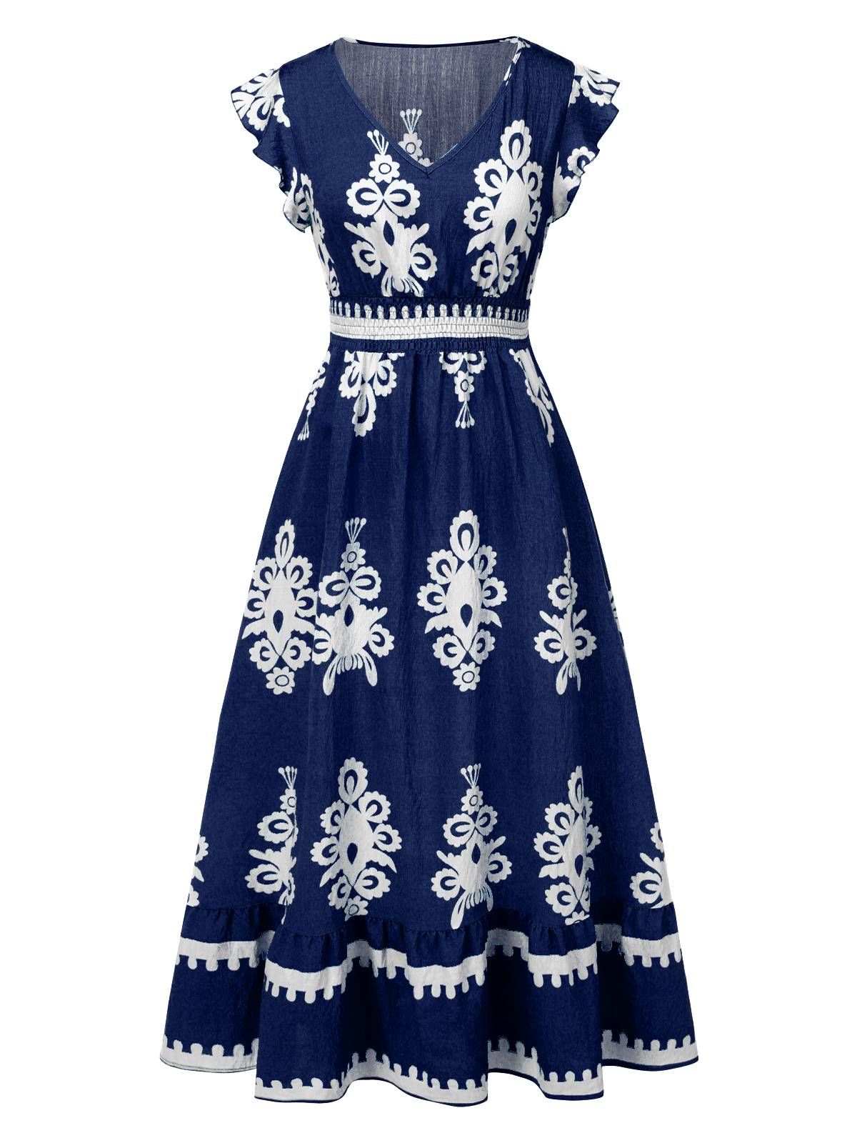 traditional dresses_1970s V-Neck Tribal Pattern Bohemian Dress - Dark Blue / L