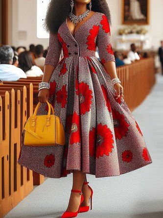 traditional dresses_StyleWe Women Elegant Midi Dress High Waist X-Line V Neck Regular Sleeve Spring/Fall For Together