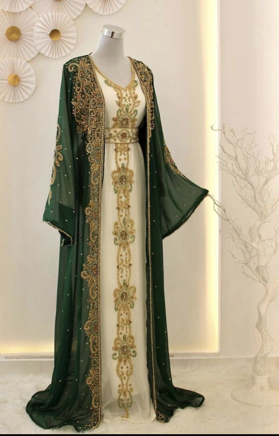 traditional dresses_Green and White Georgette Zari Work Kaftan - MS CREATION - 4343256
