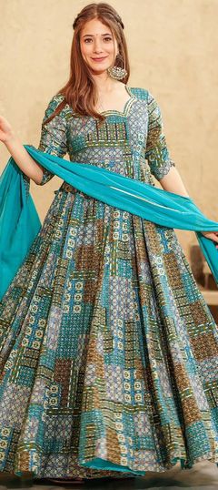 traditional dresses_Engagement, Festive, Reception Blue color Rayon fabric Gown : 1947468