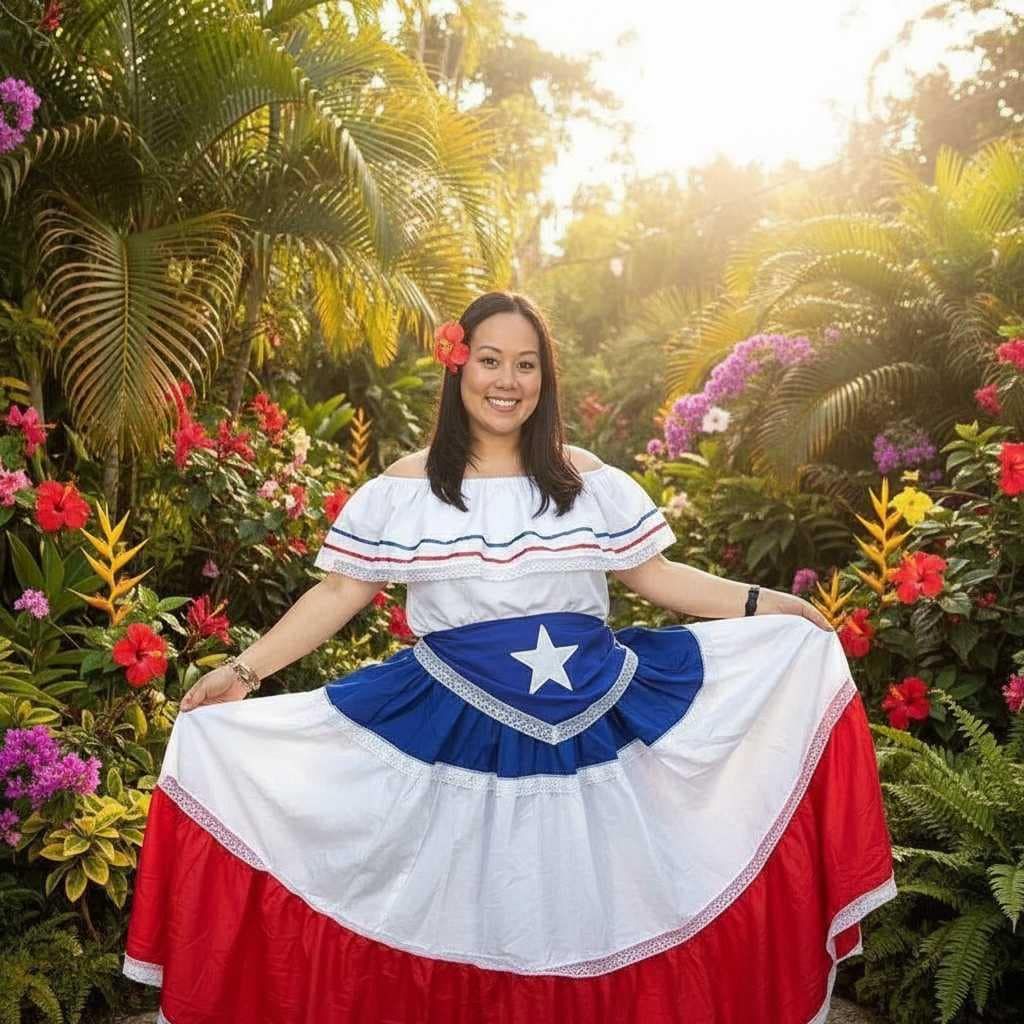 traditional dresses_Puerto Rican Women Fiesta Dress with Blue Flag & Star Belt - Traditional
